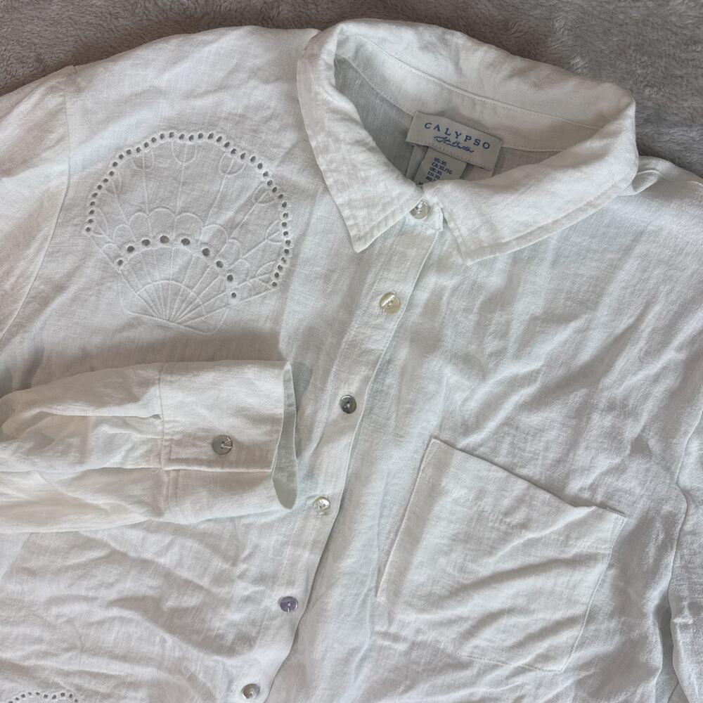 Calypso St Barth Womens XL Top White Eyelet Embroidered Coastal Resort Shirt